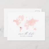 Carte du monde de l'aquarelle rose faire-part mari (Devant / Derrière)