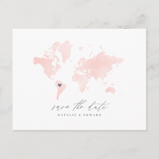 Carte du monde de l'aquarelle rose faire-part mari (Devant)