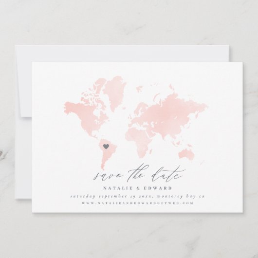 Carte du monde de l'aquarelle rose mariage (Devant)