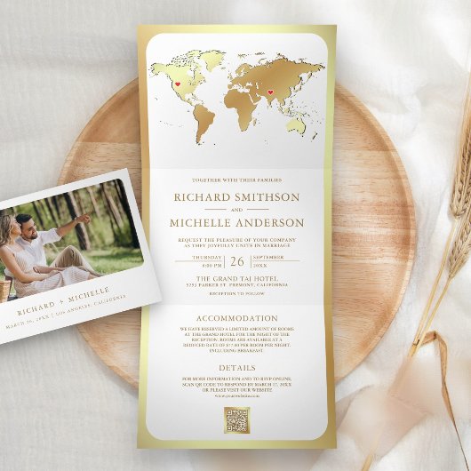 Carte du Monde en Or Blanc Code QR Photo Mariage