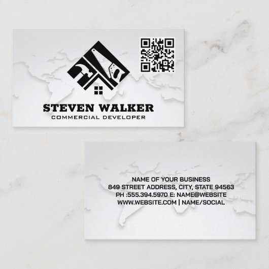 Carte du monde | Logo de construction | Code QR (Devant / Derrière)