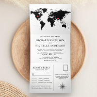 Carte du monde noir et blanc, invitation de mariag