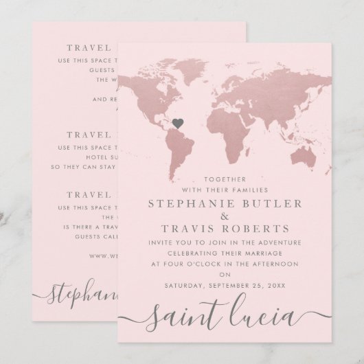 Carte du monde rose doré pour thème de mariage voy (Devant / Derrière)