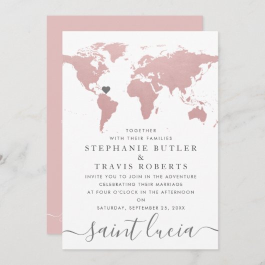 Carte du monde rose fuchsia thème voyage mariage (Devant / Derrière)