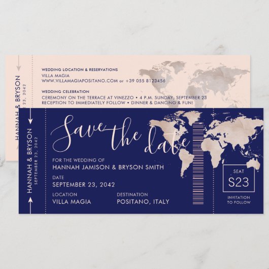 Carte du monde rose gold "Save the Date" Billet d' (Devant / Derrière)