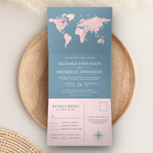Carte du monde rose pâle Dusty bleu tout en un Mar