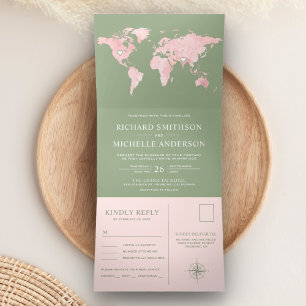 Carte du monde rose vif Sage vert tout en un Maria