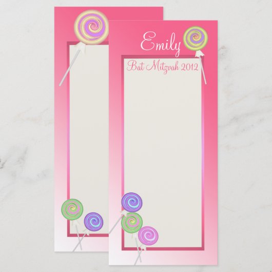Carte du programme Bat mitzvah sucré Candy (Devant / Derrière)