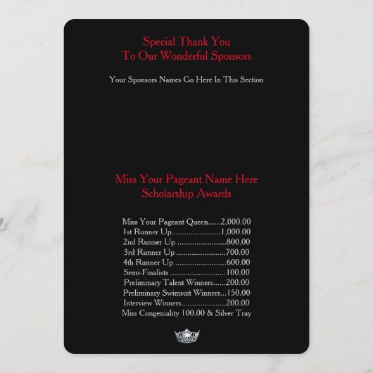 Carte du programme de bal Miss America Silver Crow (Dos)