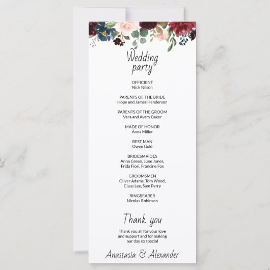 Carte du programme de mariage. (Dos)