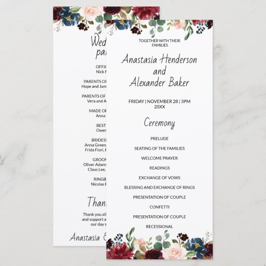 Carte du programme de mariage. (Devant / Derrière)