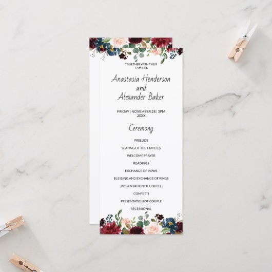 Carte du programme de mariage. (Devant/Arrière en situation)