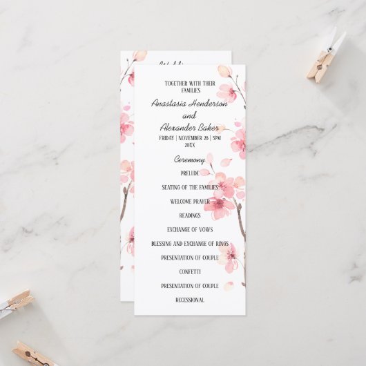 Carte du programme de mariage. (Devant/Arrière en situation)