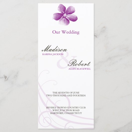 Carte du programme de mariage à l'aquarelle violet (Devant)
