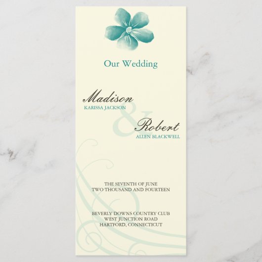 Carte du programme de mariage Aqua Watercolor (Devant)