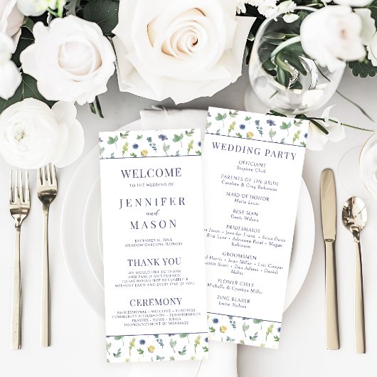 Carte du programme de mariage aux fleurs jaunes bl
