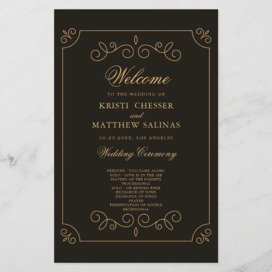Carte du programme de mariage Black Gold Frame Bor (Devant)