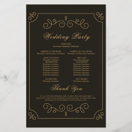 Carte du programme de mariage Black Gold Frame Bor (Dos)