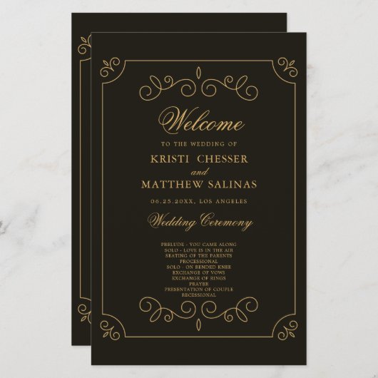 Carte du programme de mariage Black Gold Frame Bor (Devant / Derrière)