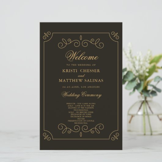 Carte du programme de mariage Black Gold Frame Bor (Debout devant)