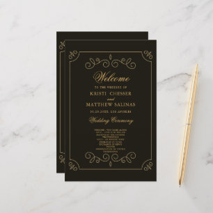 Carte du programme de mariage Black Gold Frame Bor