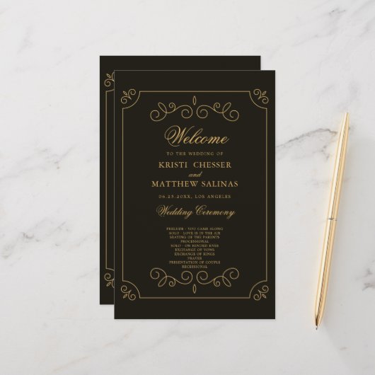 Carte du programme de mariage Black Gold Frame Bor (Devant/Arrière en situation)