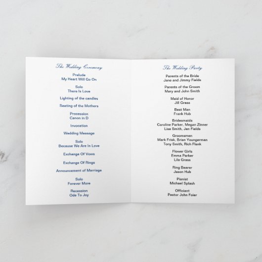 Carte du programme de mariage Blue Floral Foliage (Intérieur)