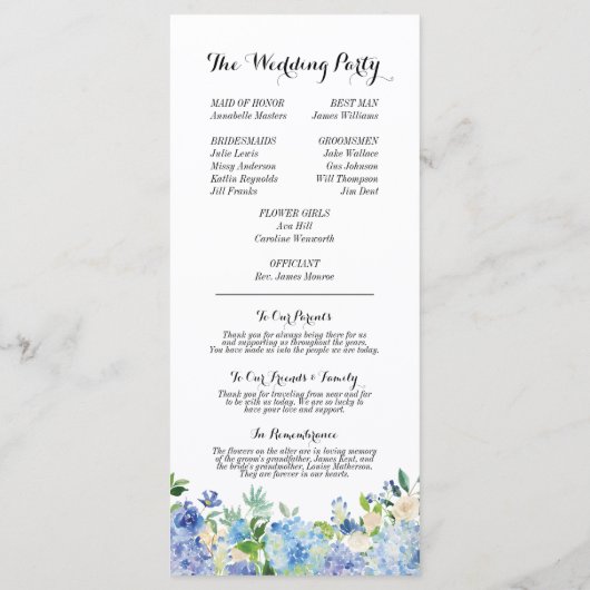 Carte du programme de mariage Blue Hydrangea (Dos)