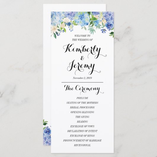 Carte du programme de mariage Blue Hydrangea (Devant / Derrière)