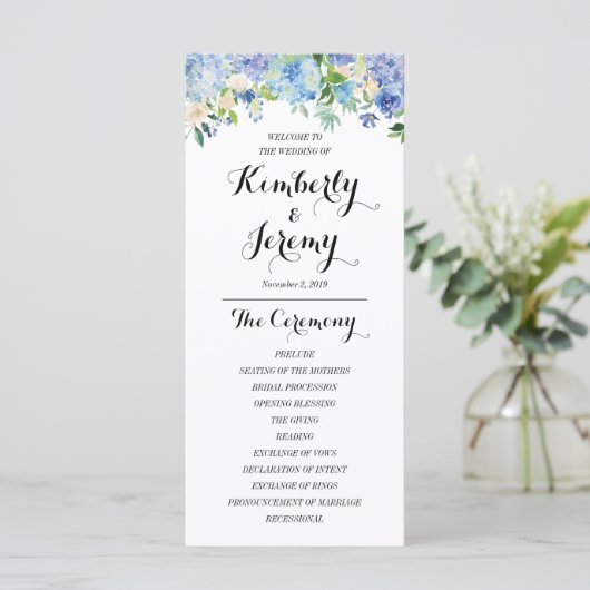 Carte du programme de mariage Blue Hydrangea (Debout devant)