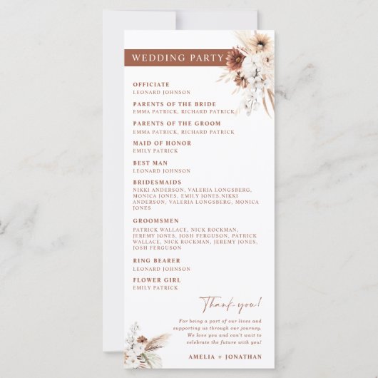 Carte du programme de mariage Boho Pampas Terracot (Dos)