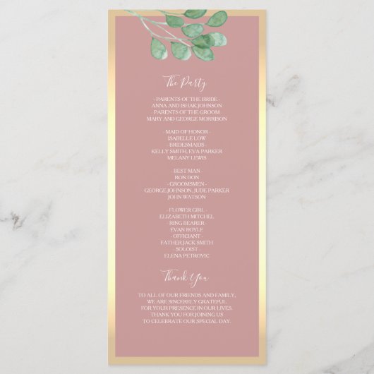 Carte du programme de mariage botanique Dusty Rose (Dos)