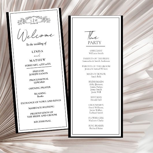 Carte du programme de mariage chic pour l'écusson 