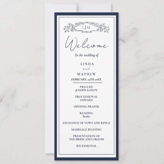 Carte du programme de mariage chic pour l'écusson  (Devant)