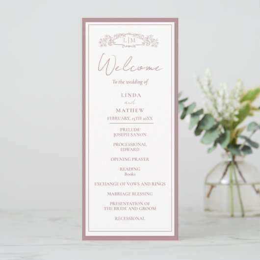 Carte du programme de mariage chic Rose Botanical (Debout devant)