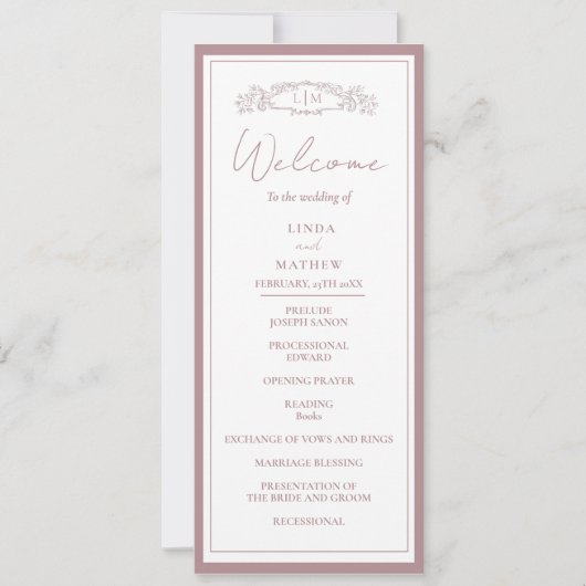Carte du programme de mariage chic Rose Botanical  (Devant)