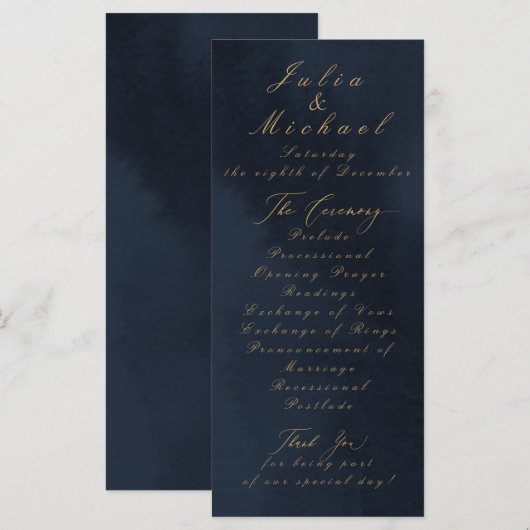 Carte du programme de mariage de calligraphie bleu (Devant / Derrière)