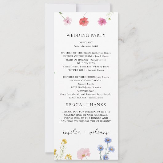 Carte du programme de mariage des Fleurs sauvages  (Dos)