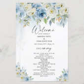 Carte du programme de mariage floral bleu et blanc (Devant / Derrière)