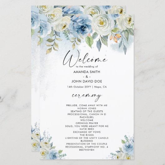 Carte du programme de mariage floral bleu et blanc (Devant / Derrière)