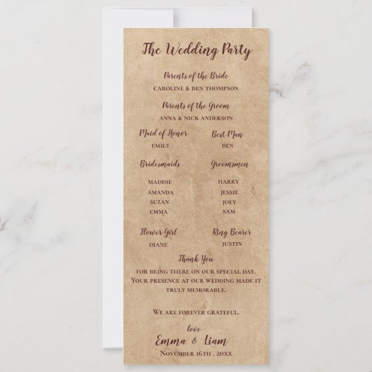 Carte du programme de mariage floral de l'automne  (Dos)