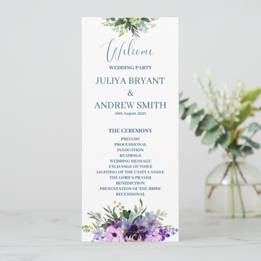 Carte du programme de mariage floral pourpre (Debout devant)