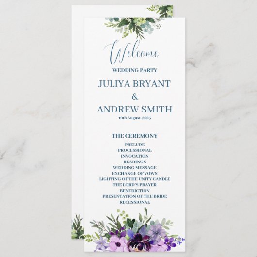 Carte du programme de mariage floral pourpre (Devant / Derrière)