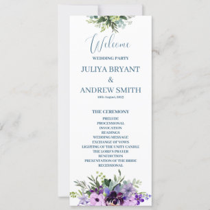 Carte du programme de mariage floral pourpre