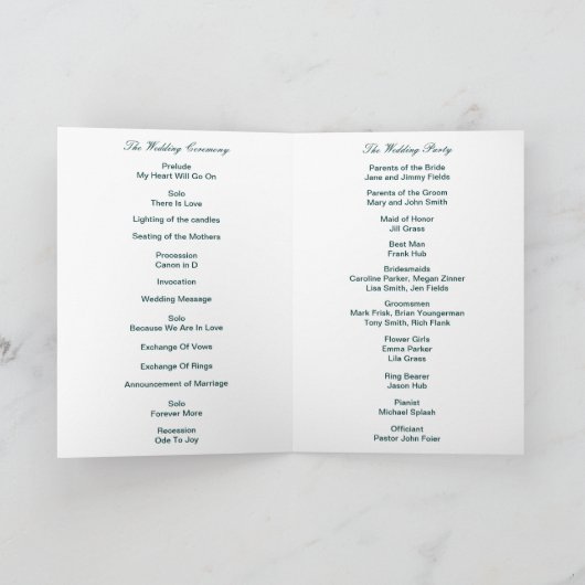 Carte du programme de mariage Green Infinity (Intérieur)