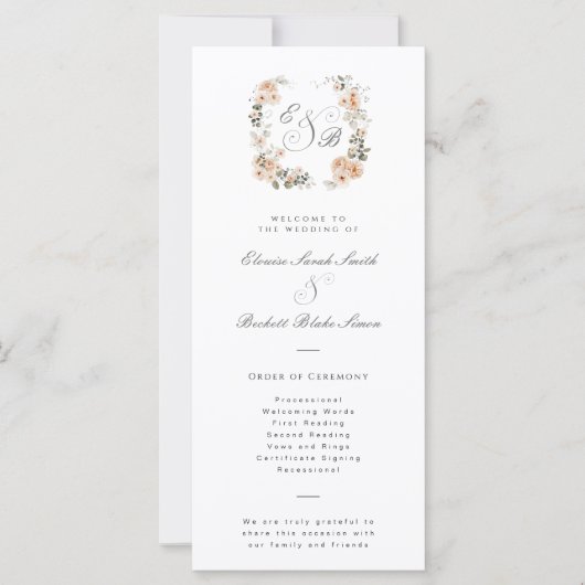 Carte du programme de mariage pour les jardins flo (Devant)