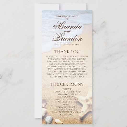 Carte du programme de mariage pour Starfish Beach (Devant)