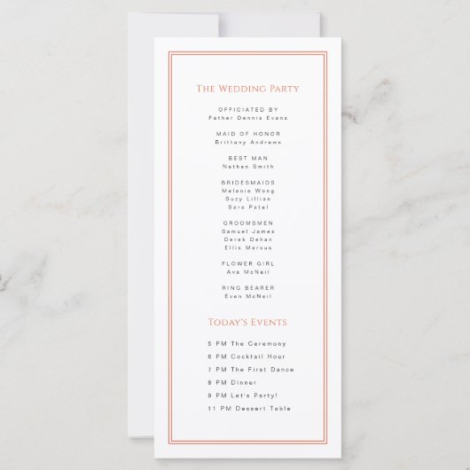 Carte du programme de mariage pour typographie ora (Dos)