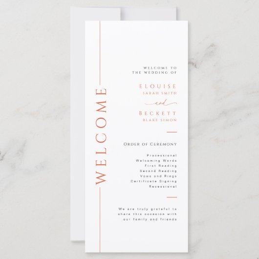 Carte du programme de mariage pour typographie ora (Devant)