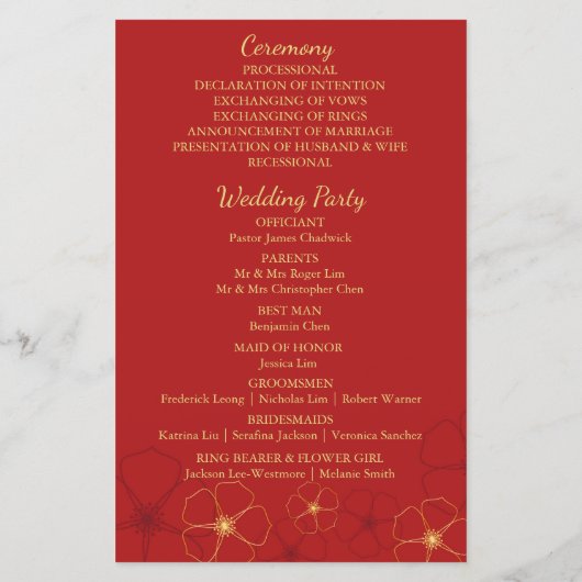 Carte du programme de mariage Red & Gold Cherry Bl (Dos)